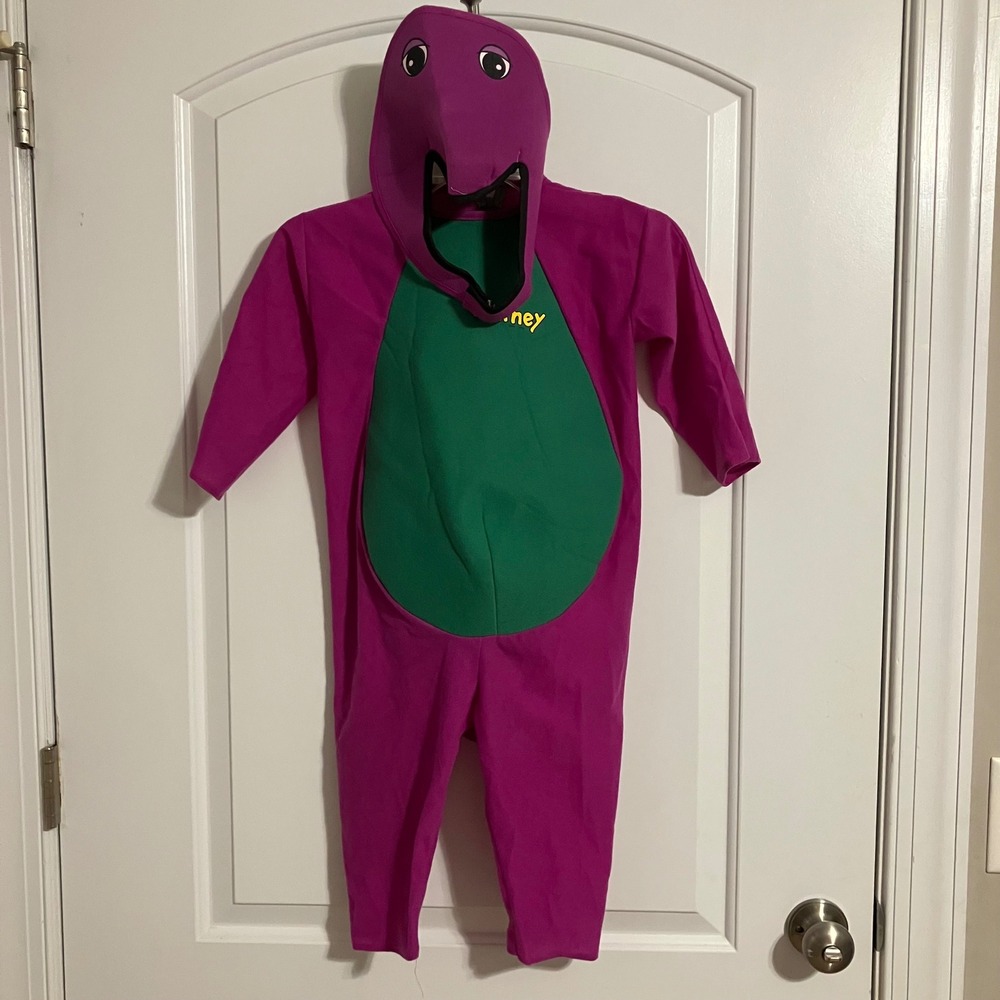 Vintage 1992 Barney the Dinosaur Costume Kids Size 3-4 Purple Jumpsuit Mask